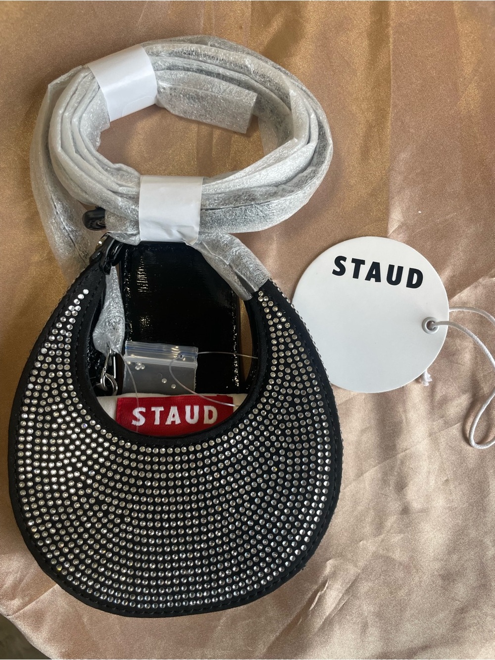 STAUD NWT Micro Moon Crystal Rhinestone Black Leather Crossbody Bag